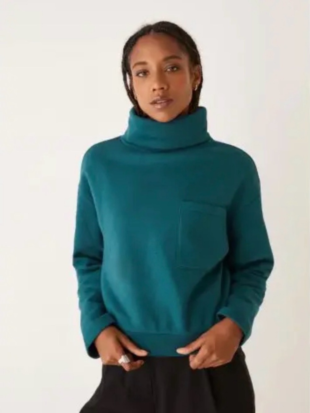 Frank And Oak Turtleneck Cowl Neck Fleece Sweater Storm Teal Top